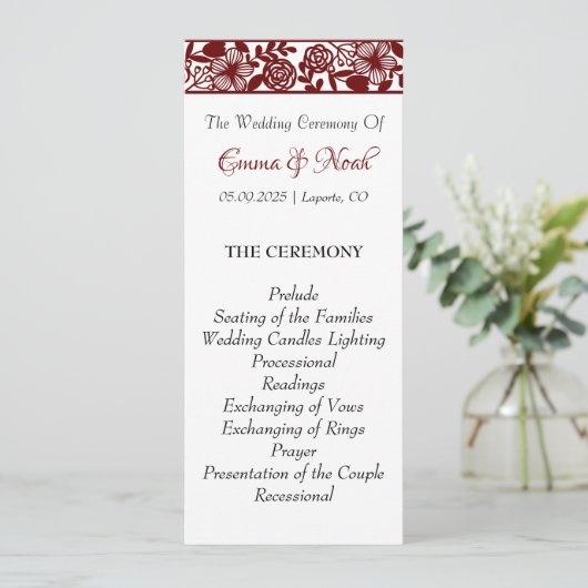 Elegantes Maroon-Burgund-Hochzeitsprogramm Programm (Stehend Vorderseite)