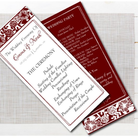 Elegantes Maroon-Burgund-Hochzeitsprogramm Programm