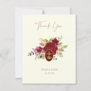 Elegantes Marsala-Blumen-Gold-Kruzifix-Hochzeit Dankeskarte