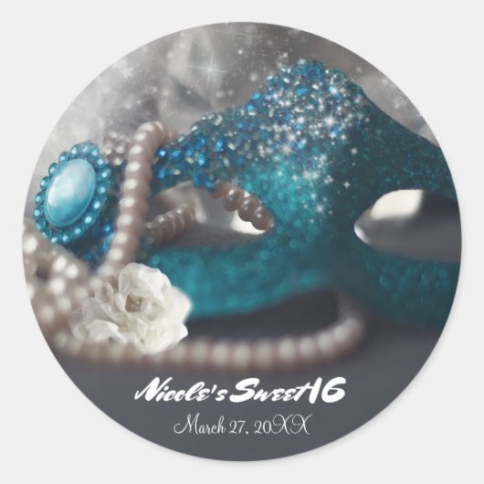 Elegantes Masquerade Mask & Pearls Gastgeschenk Runder Aufkleber (Vorderseite)