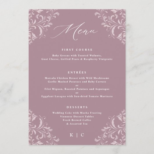 Elegantes Mauve Dusty Rose Vintage Wedding Menus Menükarte (Vorderseite)