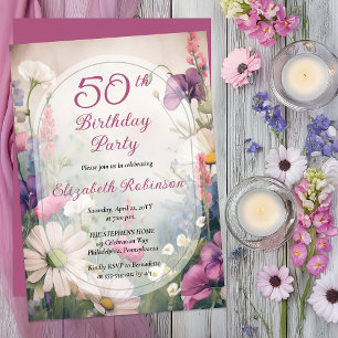 Elegantes Mauve   Mehrfarbige Blumen zum 50. Gebur Einladung