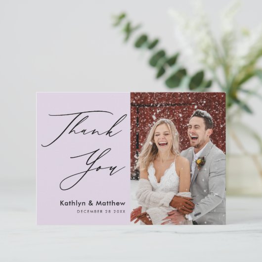 Elegantes Mauve Modernes Script-Foto Hochzeit Dankeskarte (Stehend Vorderseite)