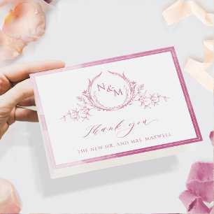 Elegantes Mauve Pink Monogramm, Wasserfarbenprägun Dankeskarte