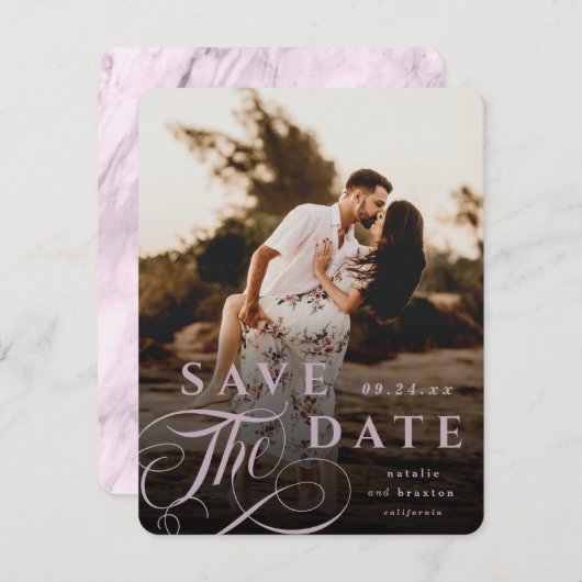 Elegantes Mauve Pink Typografy & Marble Back Foto Save The Date (Vorne/Hinten)