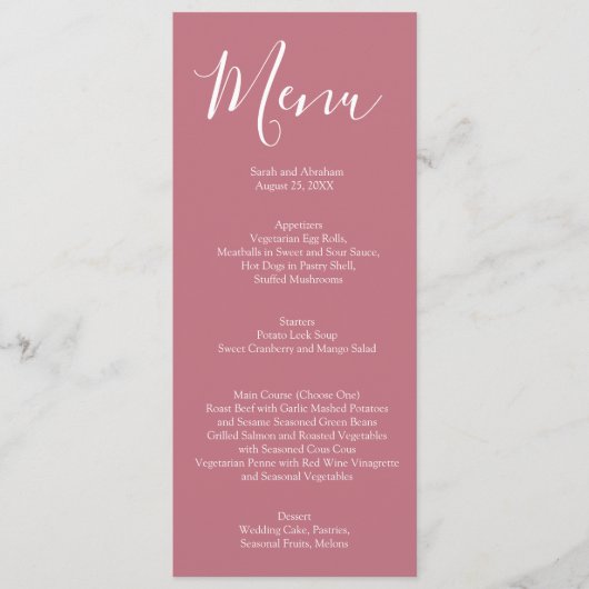 Elegantes mauve Rosa und White Roses Wedding Menu Menükarte (Vorderseite)