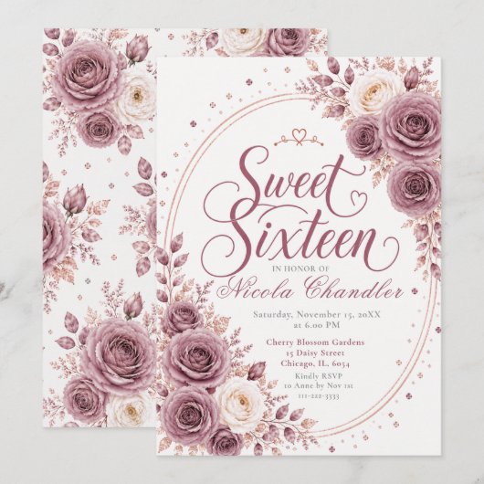Elegantes Mauve Sweet 16 Einladung (Vorne/Hinten)