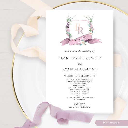 Elegantes Mauve- und Lila Monogram-Hochzeitsprogra