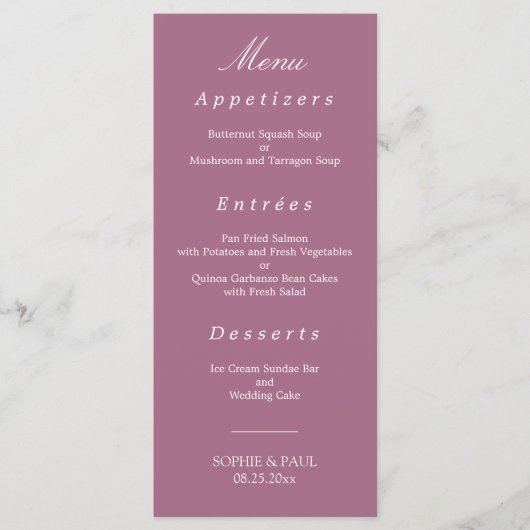 Elegantes Mauve Wedding Menu Menükarte (Vorderseite)