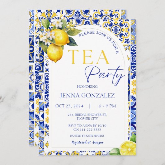 Elegantes mediterranes Lemon Tiles Bridal Tea Part Einladung (Vorne/Hinten)