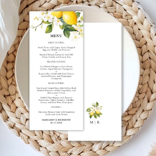 Elegantes mediterranes Lemon Wedding Menu Menükarte