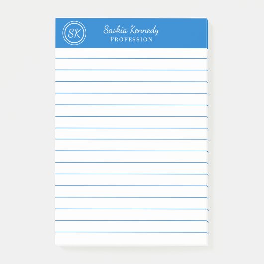 Elegantes Medium Blue Beruflich Monogram Business Post-it Klebezettel (Vorderseite)