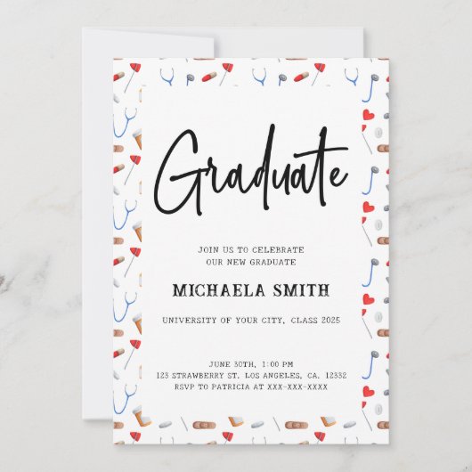 Elegantes medizinisches Muster Abschluss Foto Einladung (Vorderseite)