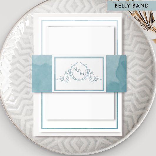 Elegantes Meerglas Wasserfarbe, Monogramm Hochzeit Einladungsbanderole