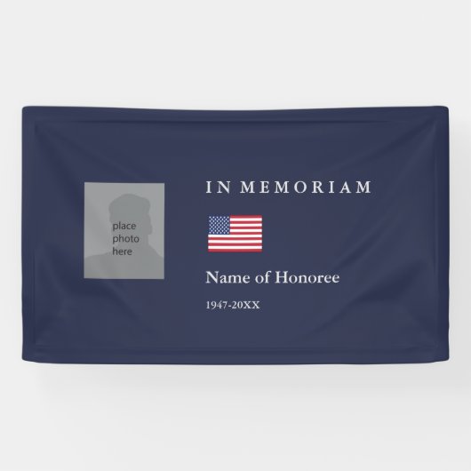 Elegantes Memorial in blau mit Foto und Flagge Banner (Horizontal)