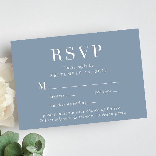 Elegantes Menü Auswahl Dusty Blue Wedding RSVP Karte