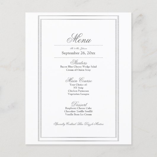 Elegantes Menü für Hochzeitsessen an der Silver Bo (Vorderseite)