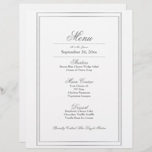 Elegantes Menü für Hochzeitsessen an der Silver Bo Briefbogen (Vorne/Hinten)