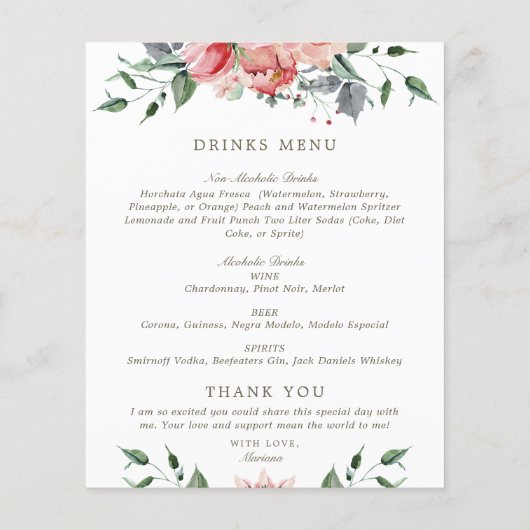 Elegantes Menü mit rosafarbenen Quinceanera Food D (Rückseite)