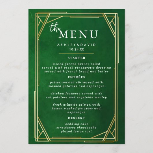 Elegantes Menü mit Tischkarten für Hochzeiten Menükarte (Vorderseite)