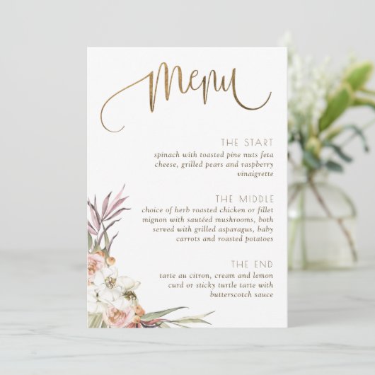 Elegantes Menü/Platzkarte Getrocknete Palm-Blätter Menükarte (Stehend Vorderseite)