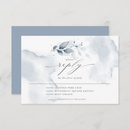 Elegantes Menü UAWG Watercolor Foliage Dusty Blue RSVP Karte (Vorne/Hinten)
