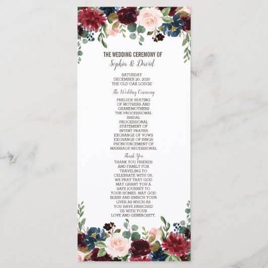 Elegantes Merlot-Navy-Blau-Blumen-Hochzeitsprogram Programm (Vorderseite)