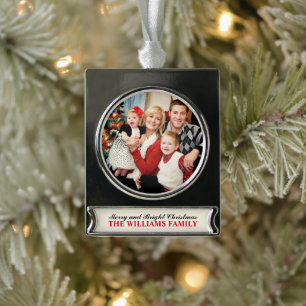 Elegantes Merry and Bright Familienfoto-Andenken Banner-Ornament Silber