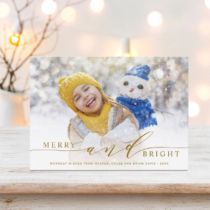 Elegantes Merry and Bright Gold Script Foto Feiertagskarte