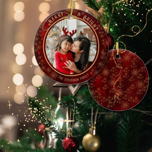 Elegantes Merry & Bright Foto Red Gold Keramik Ornament