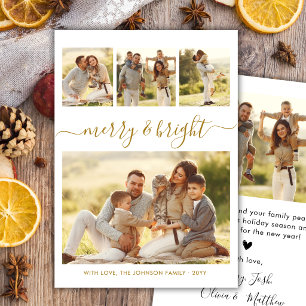 Elegantes Merry & Bright Gold Schrift 4-Foto-Colla Feiertagskarte