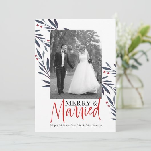 Elegantes "Merry & Verheiratet" Holiday Wedding Fo Einladung (Stehend Vorderseite)