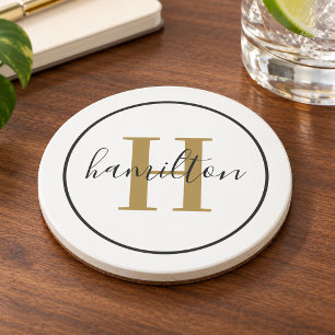 Elegantes Messing-Schwarz-Rund-Monogramm-Skript Getränkeuntersetzer