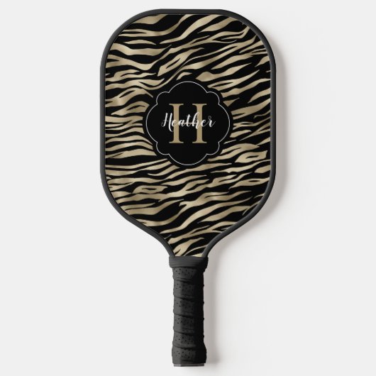Elegantes Metallic Gold Zebra Animal Print Monogra Pickleball Schläger (Vorderseite)