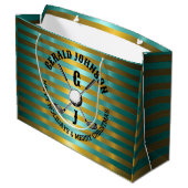 Elegantes Metallic Green-Gold Golf Monogram Große Geschenktüte (Rückseite Schrägansicht)