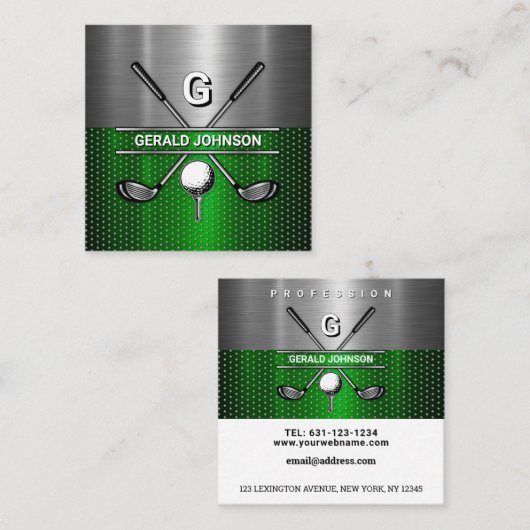 Elegantes Metallic Green und Silver Golf Monogram Quadratische Visitenkarte (Vorne/Hinten)