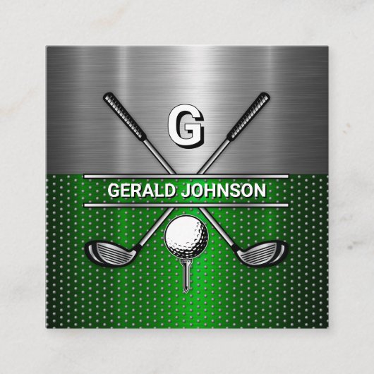Elegantes Metallic Green und Silver Golf Monogram Quadratische Visitenkarte (Vorderseite)