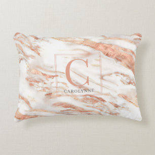 Elegantes Metallic-Kupfer-Rose-Goldmarmor-Monogram Dekokissen
