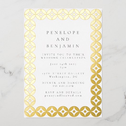 Elegantes Mid Mod Geometric Wedding Chic White Folieneinladung (Vorderseite)