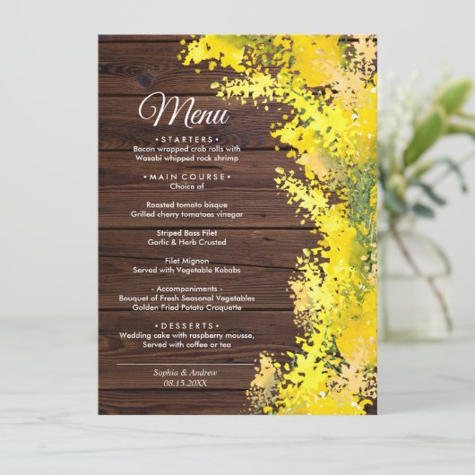 Elegantes Mimosa Blume Wedding Menu Menükarte (Stehend Vorderseite)