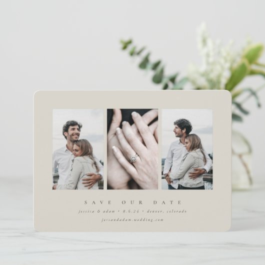 Elegantes Minimal 3 Foto Save The Date (Stehend Vorderseite)