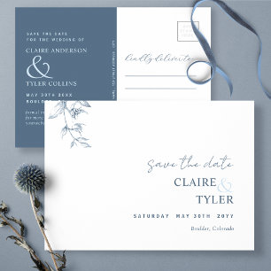 Elegantes Minimal, Blaues Hochzeit-Save The Date Postkarte