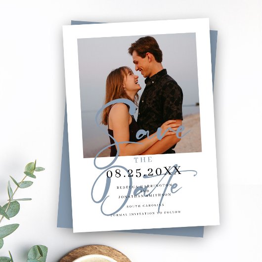 Elegantes Minimal Blue Wedding Foto Save the Date