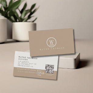 Elegantes Minimal Brown Tan White Monogram Visitenkarte