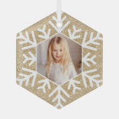 Elegantes Minimal Gold Glitzer Snowflake Foto Ornament Aus Glas (Vorderseite)