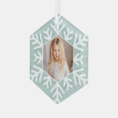 Elegantes Minimal Mint Blue Glitzer Snowflake Foto Ornament Aus Glas (Vorderseite Links)