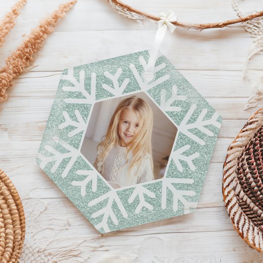 Elegantes Minimal Mint Blue Glitzer Snowflake Foto Ornament Aus Glas