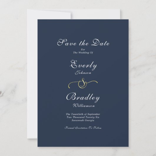 Elegantes Minimal Navy Gold Script Save the Date Einladung (Vorderseite)