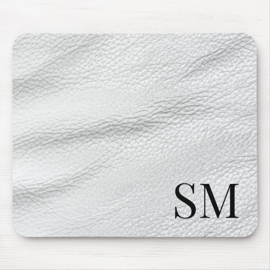Elegantes Minimal White Leather Monogramm Mousepad (Vorne)