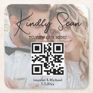 elegantes minimales Qr-Code-Hochzeitsmenü Foto Rechteckiger Pappuntersetzer